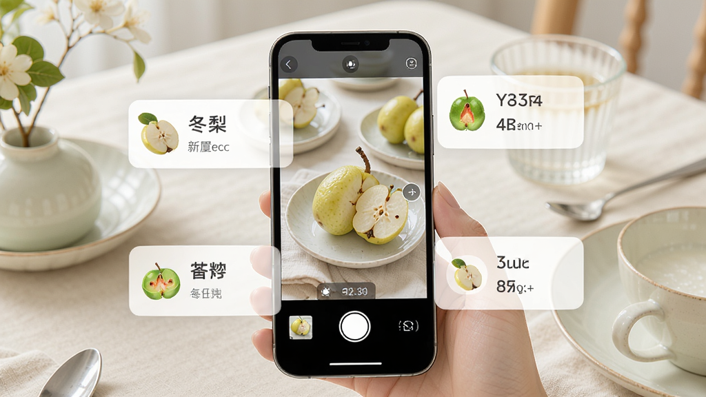 展示冬梨应用智能饮食记录功能的界面,手机屏幕上显示午餐拍照识别的过程,食材名称与营养数据浮现在图片周围,背景为淡雅的餐桌场景,界面设计清爽,色彩柔和,突出智能识别与数据可视化特点,画质清晰,无多余元素