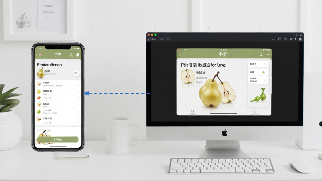 展示冬梨应用在手机和电脑上运行的对比场景,左侧为手机屏幕显示饮食记录界面,右侧为电脑模拟器窗口显示同一应用,两者通过虚线连接表示数据同步,背景为简洁的桌面环境,风格写实,画质清晰,无多余元素