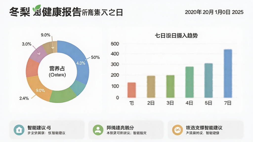 展示冬梨应用健康报告页面的截图,页面顶部为报告标题与日期,下方为彩色环形图展示各类营养占比,旁边配有柱状图对比近七日摄入趋势,底部列出三条智能建议,整体风格专业而不失亲和,配色清新,排版整齐,画质清晰,无多余元素