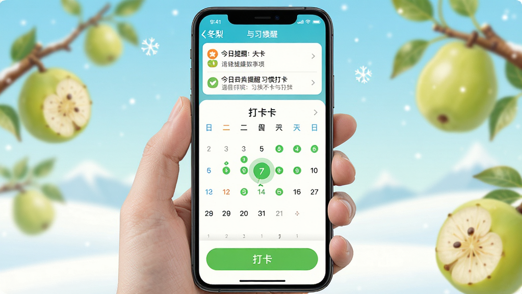 展示冬梨应用健康提醒与习惯打卡界面的截图,手机屏幕中央显示打卡日历,连续打卡天数用绿色圆点标注,顶部有今日提醒事项列表,底部为打卡按钮,整体设计活泼灵动,色彩明亮,画质清晰,无多余元素