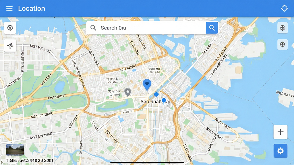 主体为Location软件地图选点界面,显示放大的城市地图和搜索框,布局居中,风格清爽,细节包括街道名称和坐标信息,画质清晰,干净无多余元素