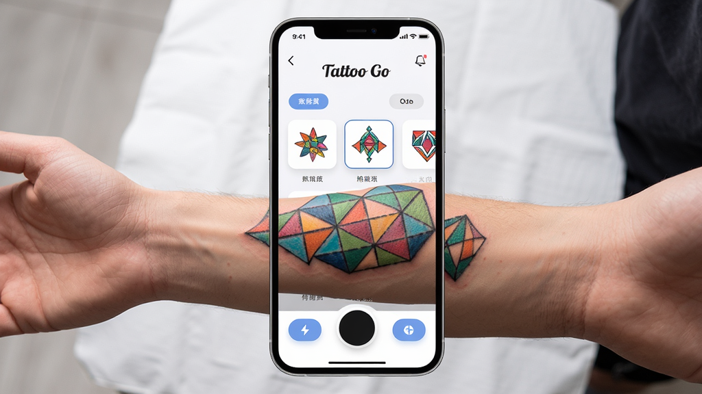 主体为一部智能手机屏幕,屏幕中显示Tattoo Go应用界面,一位年轻人的手臂放在手机镜头前,手臂上逼真地显示着彩色几何纹身图案;布局为手机居中,手臂横跨屏幕下方,应用界面有“Tattoo Go”字样和图案选择栏;排版清晰,界面元素简洁;风格为现代科技感,光线明亮柔和;细节包括手臂皮肤纹理与纹身图案的自然贴合,界面按钮圆润;画质高清,干净无多余元素。