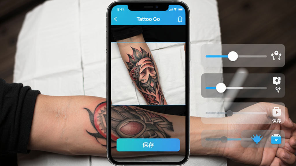 主体为手机屏幕截图,显示Tattoo Go应用在手臂上预览纹身图案的操作界面,屏幕上有调节滑块和保存按钮;布局为手机竖向居中,手臂横穿屏幕下方;排版清晰,功能图标排列在屏幕右侧;风格为扁平化UI设计,色彩明快;细节包括滑块调节时图案透明度变化的视觉效果,按钮上有“保存”文字;画质高清,干净无多余元素。