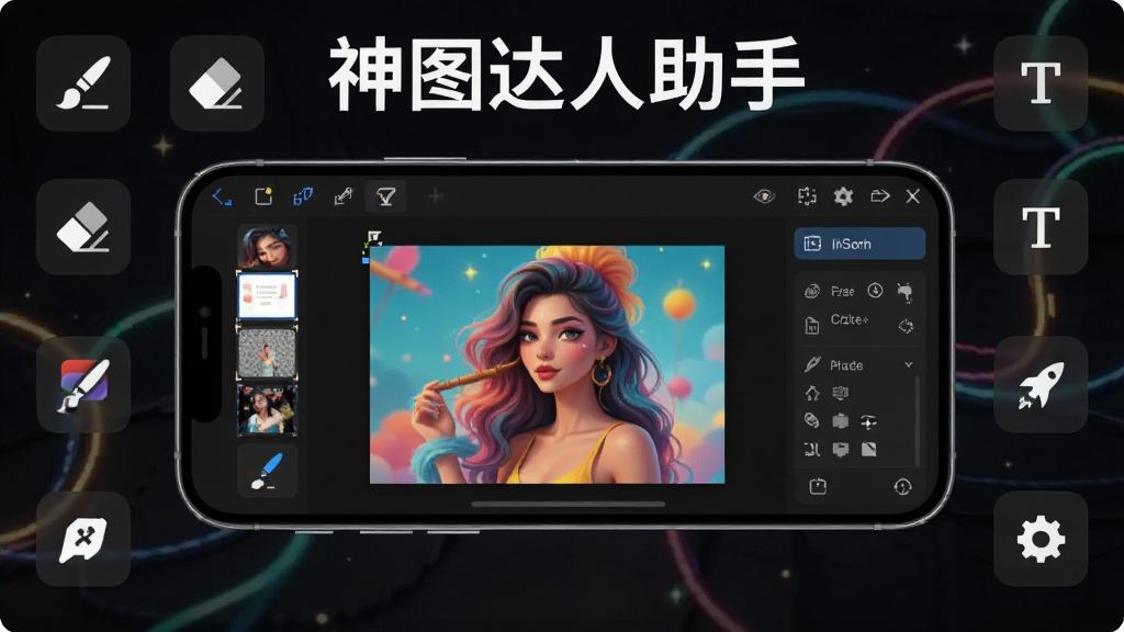 主体:一部手机横屏显示神图达人助手编辑界面,屏幕上有多个图层和工具栏,背景为深色,上方有“神图达人助手”字样。布局:手机居中,周围有各种操作图标,如画笔、橡皮擦、文字工具等。排版:界面复杂但条理清晰,工具图标排列有序。风格:专业,高效。细节:屏幕中显示一张正在编辑的图片,色彩丰富。画质:高清,干净,无多余元素。