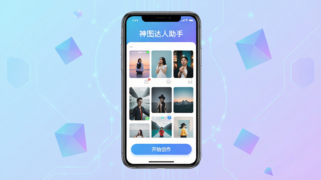 主体:一部智能手机屏幕显示神图达人助手主界面,界面风格简洁明亮,顶部有“神图达人助手”字样,中间展示多张精美的图片编辑模板缩略图,底部有“开始创作”按钮。布局:手机居中,屏幕内容清晰可见,背景为渐变色(浅蓝到浅紫),营造科技感。排版:手机位于画面中央,四周留白,背景上点缀几个半透明的几何图形。风格:现代扁平化,色彩明快,细节丰富。画质:高清,干净,无多余元素。
