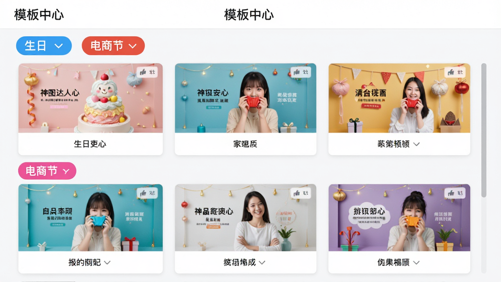 主体:神图达人助手模板库界面,屏幕上展示多套图片模板缩略图,有生日、节日、电商等分类标签,顶部有“模板中心”字样。布局:模板以网格形式排列,每行三个,右侧有滚动条。排版:界面采用卡片式设计,模板缩略图下方显示模板名称。风格:清新简洁,色彩丰富。细节:模板缩略图清晰,分类标签醒目。画质:高清,干净,无多余元素。