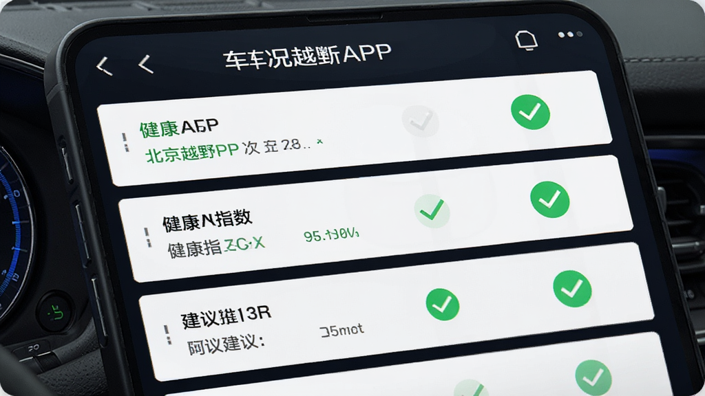 主体为“北京越野APP”车况诊断报告页面,屏幕显示各项检查项目绿色对勾,背景为深色仪表盘风格,布局为列表式,风格为科技感数据可视化,细节包含健康指数与建议文字,画质干净,无多余元素