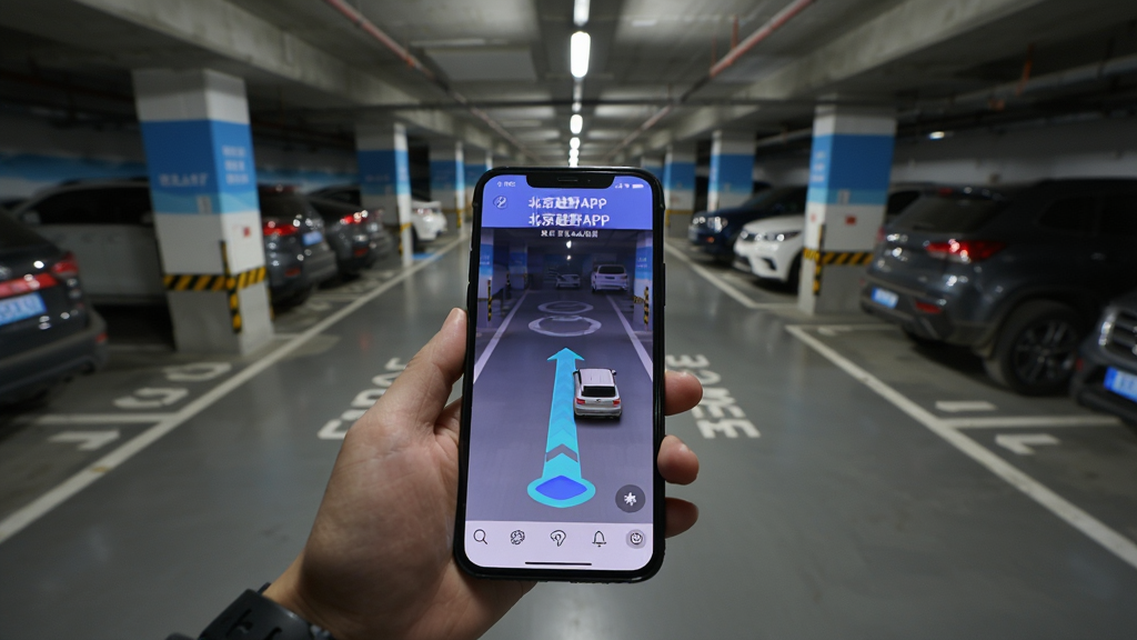 主体为“北京越野APP”智能寻车功能使用场景,用户手持手机,屏幕上显示AR导航箭头与车辆图标,背景为地下停车场,布局为第一人称视角,风格为写实摄影风,细节包括停车位标线与车辆轮廓,画质清晰,干净无多余元素