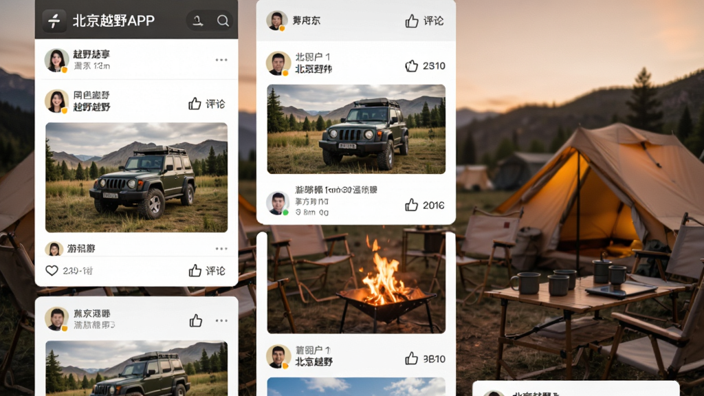 主体为“北京越野APP”社区页面,展示用户分享的越野照片与游记卡片,背景为暖色调的户外营地场景,布局为瀑布流式,风格为生活化纪实摄影风,细节包括点赞评论图标与用户头像,画质高清,干净无多余元素