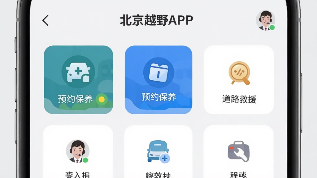主体为“北京越野APP”服务页面,显示预约保养、道路救援等功能图标,背景为简洁的浅灰色调,布局为宫格导航式,风格为商务简约风,细节包含客服头像与在线状态,画质干净,无多余元素