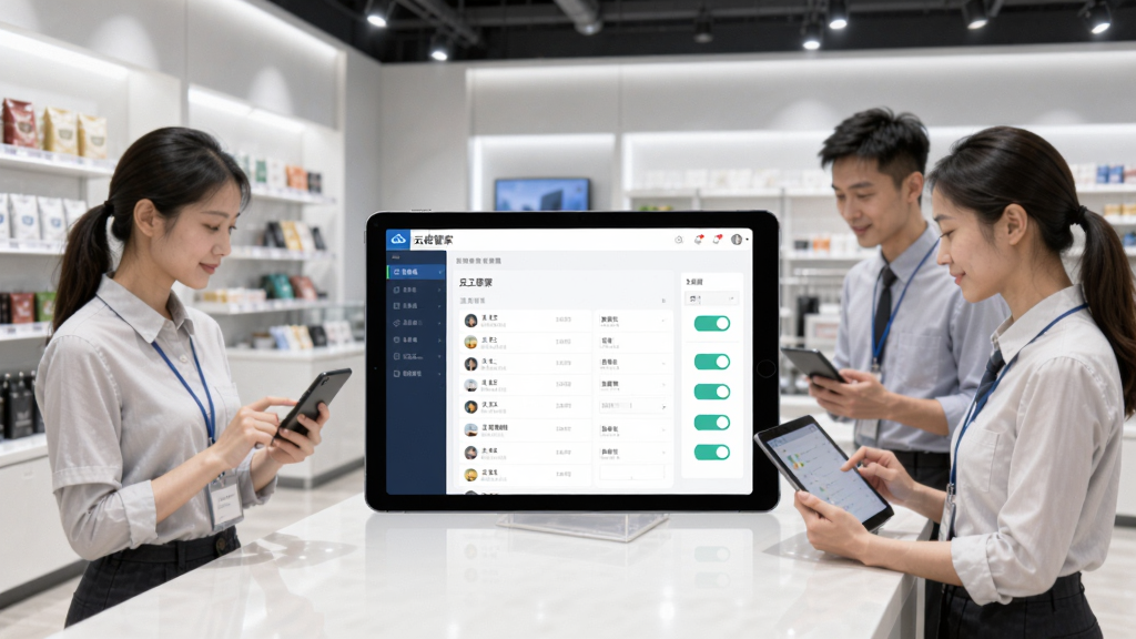 一张室内场景图,几位店员正在忙碌地使用手机或平板电脑进行协作,其中一台平板屏幕上展示着