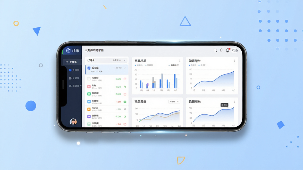 现代商务风格的主视觉图,主体为一部智能手机屏幕展示大集商城商家版管理后台界面,屏幕上有订单列表、商品图表、数据增长曲线等元素,背景为浅蓝色渐变与简约的几何图形装饰,布局重心居中,排版清爽,细节包含手机投影和微光效,画质高清干净,无多余元素,屏幕中文字显示“大集商城商家版”