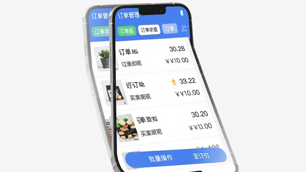 手机界面展示大集商城商家版订单列表页,顶部有订单状态标签,列表中有多个商品缩略图和订单编号,底部有批量操作按钮,界面采用蓝白配色,布局清晰,排版整齐,风格简约现代,细节包含订单金额和买家昵称,画质干净无多余元素,屏幕文字显示“订单管理”