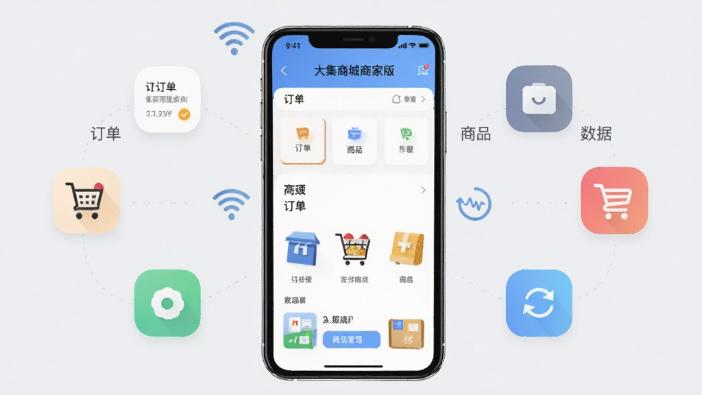 手机与大集商城商家版界面融合的示意图,主体为一部手机,屏幕展示店铺管理主界面,周围有订单、商品、数据等图标环绕,背景为淡灰色,布局居中,风格简洁商务,细节有Wi-Fi和数据同步图标,画质干净,屏幕文字显示“大集商城商家版”