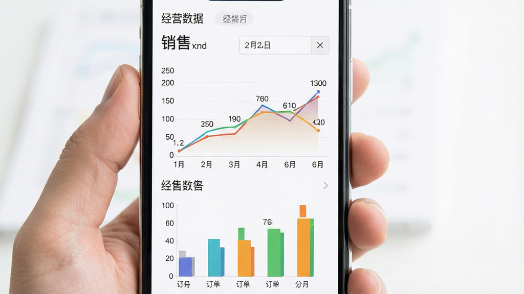 手机界面展示数据统计图表,包括折线图、柱状图、饼图,显示销售额、订单量等数据,背景为白色,图表颜色鲜艳,布局清晰,风格商务,细节有数据标签和日期筛选器,画质干净,屏幕文字显示“经营数据”