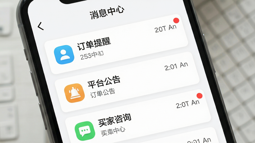 手机界面展示消息列表,包含订单提醒、平台公告、买家咨询等条目,每条消息有图标和时间,界面采用简洁卡片式设计,布局整齐,风格清新,细节有未读红点标记,画质干净,屏幕文字显示“消息中心”