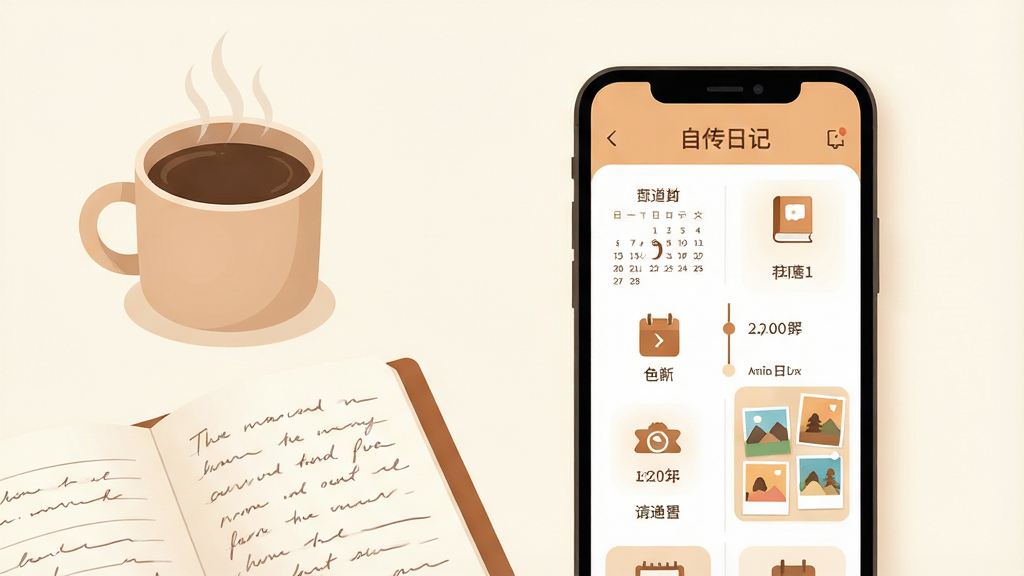���壺һ��������Ļ�������ֻ�����Ļ����ʾ���Դ��ռǡ�APP�������棬�������Լ��ܰ����������ʱ���ߡ���Ƭǽ��ģ�顣���֣��ֻ�λ�ڻ�������ƫ�ң�������״���һ��ð�������Ŀ��Ⱥ�һ���򿪵����˱����γɺ�Ӧ���Ű棺�ֻ���Ļ���������ɱ棬����ͼ���������У�����Ϊ��͵��װ�ɫ��Ӫ�찲����д��Χ����񣺱�ƽ���廭���ɫ����ů����Ӱ��͡�ϸ�ڣ��ֻ���Ļ�п��Կ������Դ��ռǡ��ĸ��ֺͼ��������Թ���ͼ�꣬���˱�����Լ����д���������������ʣ����壬�ɾ����޶���Ԫ�ء�