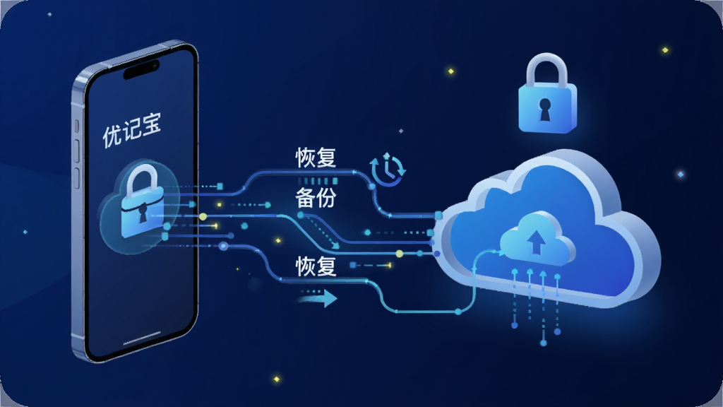 主体:优记宝数据安全与云同步概念图。布局:画面左侧为手机,右侧为云朵图标,两者之间有数据流动线条。排版:云朵上方有“加密锁”图标。风格:科技感插画风,背景为深蓝色。细节:线条上有“备份”、“恢复”字样,画质细腻,干净,无多余元素