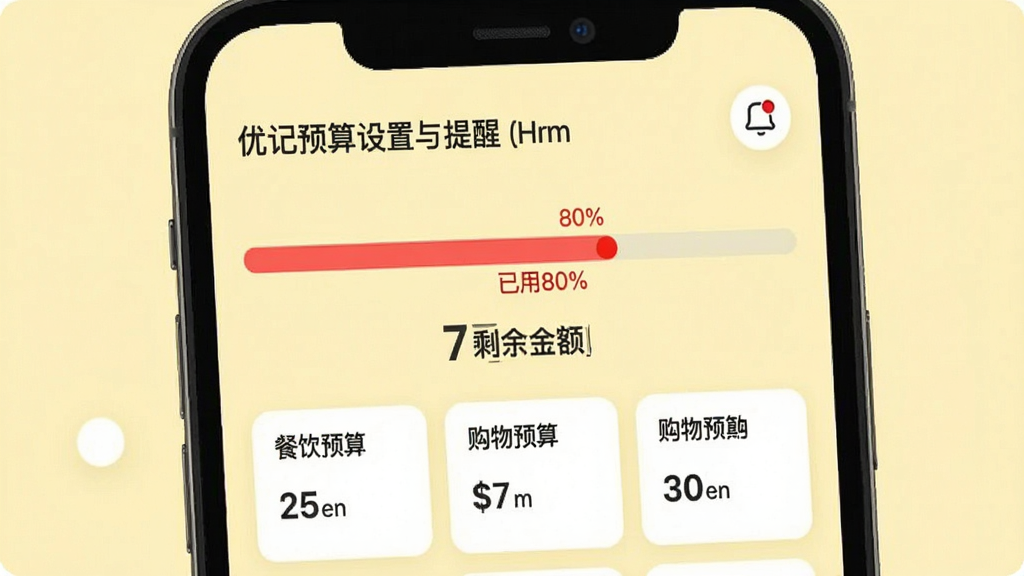 主体:优记宝预算设置与提醒界面。布局:手机屏幕中央显示预算进度条和剩余金额,右上方有提醒图标。排版:进度条采用红色高亮显示“已用80%”。风格:清爽简洁,背景为淡黄色。细节:屏幕上有“餐饮预算”、“购物预算”等卡片,画质清晰,干净,无多余元素