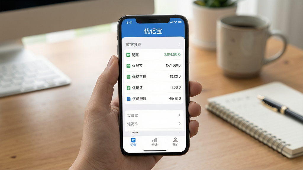 主体:优记宝应用在手机上的操作演示。布局:手机屏幕显示主界面,有“记账”、“统计”、“我的”三个底部标签。排版:屏幕上方有“优记宝”字样,中间展示收支列表。风格:真实场景模拟,背景为书桌。细节:手机屏幕清晰显示各项功能,画质高清,干净,无多余元素