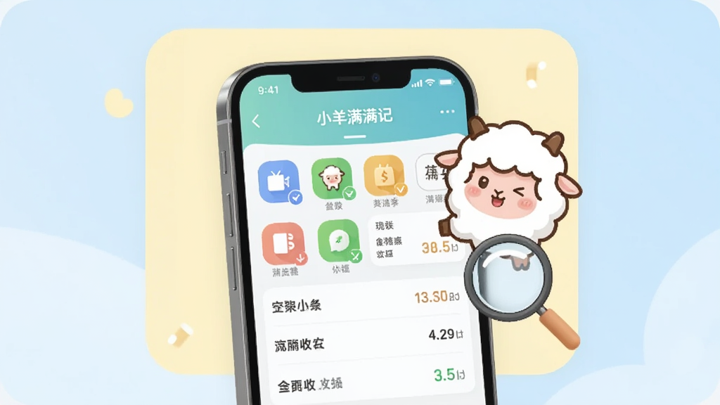 主体为手机屏幕展示小羊满满记的记账界面,屏幕上有多个彩色分类图标和收支数字,旁边悬浮着卡通小羊和放大镜,背景为淡黄色圆角卡片,排版整洁,采用UI界面风格,细节丰富,画质高清,干净无多余元素,屏幕上方带有“小羊满满记”字样