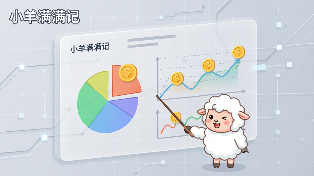 主体为一张巨大的半透明报表纸,上面绘制着彩色饼图和折线图,数据点有金币图标,小羊拿着教鞭站在图表前讲解,背景为浅灰色科技感网格,采用商务插画风格,配色清爽,画质高清,干净无多余元素,图表左上角带有“小羊满满记”字样