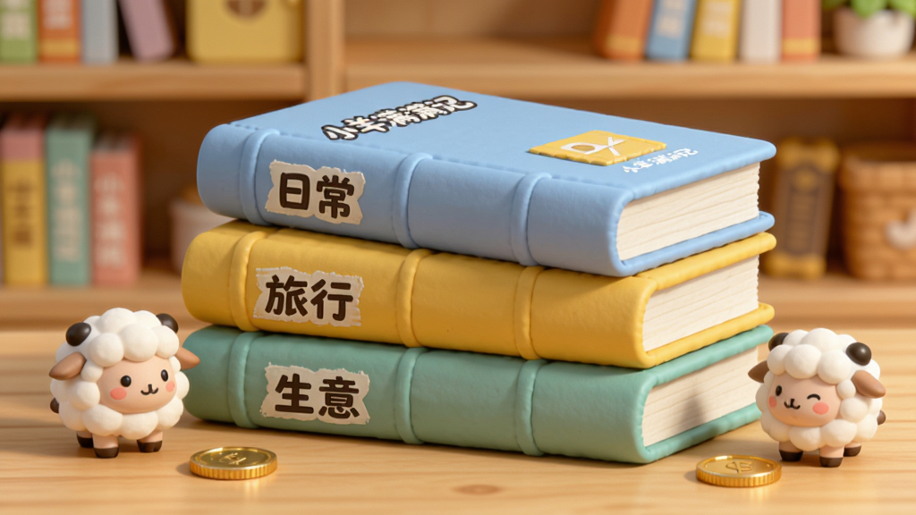 主体为三个不同颜色的账本封面叠放在木桌上,每个账本上分别标有“日常”、“旅行”、“生意”字样,旁边有小羊卡通形象和硬币,背景为暖色书架,采用3D渲染风格,细节精致,画质清晰,干净无多余元素,封面上带有“小羊满满记”字样