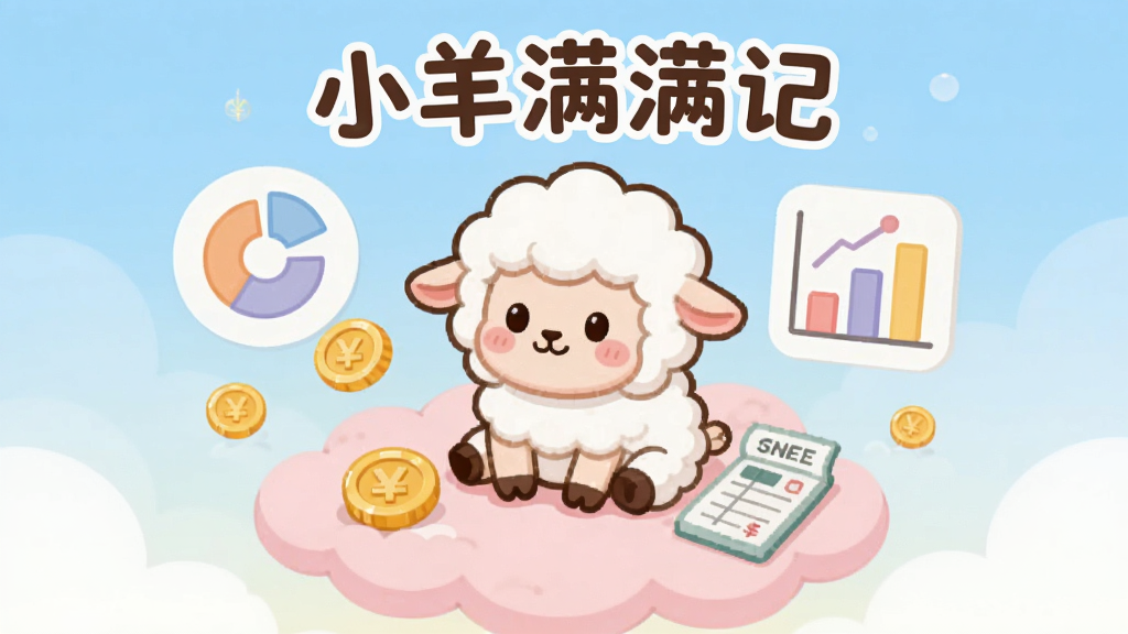画面主体为一只卡通小羊坐在粉色云朵上,面前漂浮着金币和账本,周围环绕着圆形统计图表和彩色柱状图,背景是淡蓝色渐变天空,整体风格温馨可爱,采用扁平化插画风格,线条圆润,色彩明亮柔和,画质清晰干净,无多余元素,画面中央上方带有“小羊满满记”字样