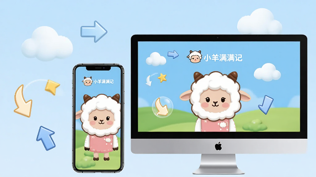 主体为一部手机和一台电脑并排摆放,屏幕上显示小羊满满记的界面,周围有云朵和箭头图标,表示同步与备份,背景为浅蓝色,采用写实与卡通结合风格,细节丰富,画质清晰,干净无多余元素,屏幕带有“小羊满满记”字样