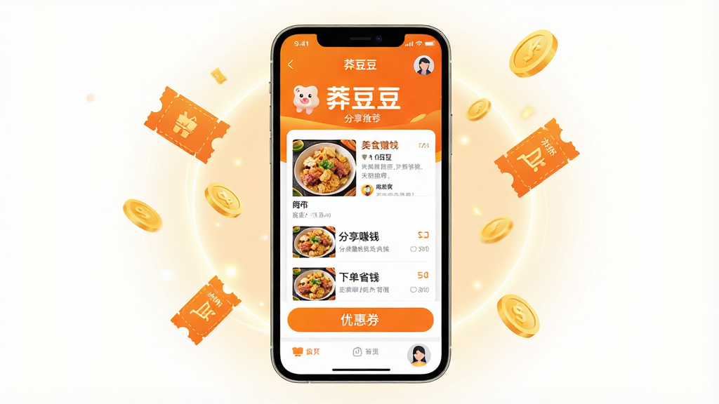 主体:手机屏幕展示“莽豆豆”应用主界面,界面包含美食推荐、商家列表、优惠券领取按钮和用户头像区域。布局:手机居中,屏幕内容清晰可见,周围有柔和的光晕和漂浮的金币、优惠券元素。排版:界面信息层级分明,图标与文字搭配协调。风格:现代扁平化设计,色彩明亮活泼,以橙色和白色为主色调。细节:屏幕中显示“莽豆豆”字样,以及“分享赚钱”、“下单省钱”等标语。画质:4K高清,干净无多余元素。