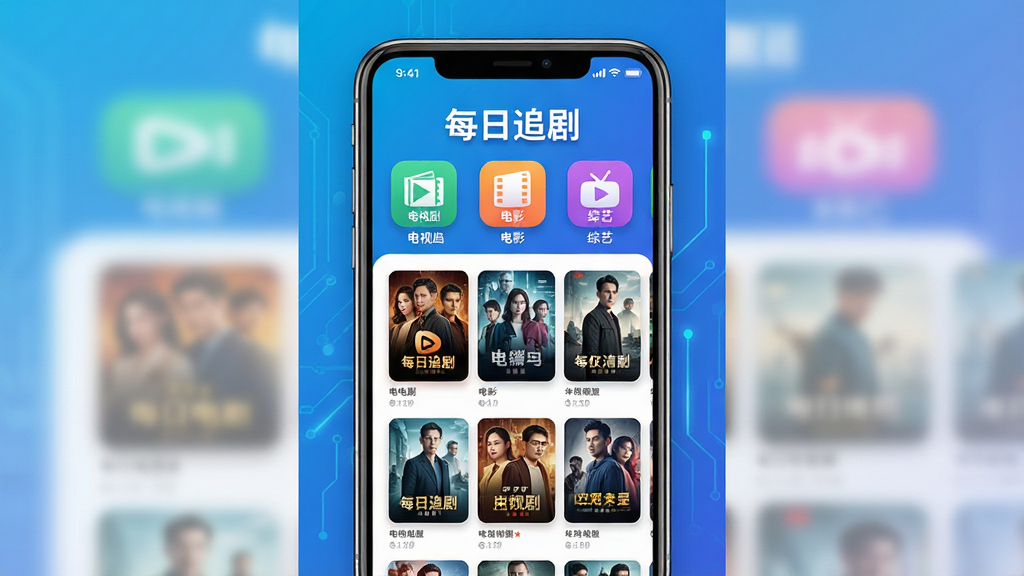 主体:一款名为“每日追剧”的手机应用界面展示,手机屏幕占据画面中心,屏幕上显示着分类清晰、海报精美的影视剧列表。布局:手机竖屏居中,背景为渐变色科技蓝,屏幕内有“每日追剧”字样,下方排列着电视剧、电影、综艺等彩色图标。排版:信息层级分明,主标题突出,列表采用卡片式布局。风格:现代扁平化设计,色彩明亮活泼,带有轻微的投影层次感。细节:屏幕中展示的剧集封面清晰可辨,界面按钮圆润,整体视觉干净整洁。画质:高清渲染,画面锐利,无多余元素。