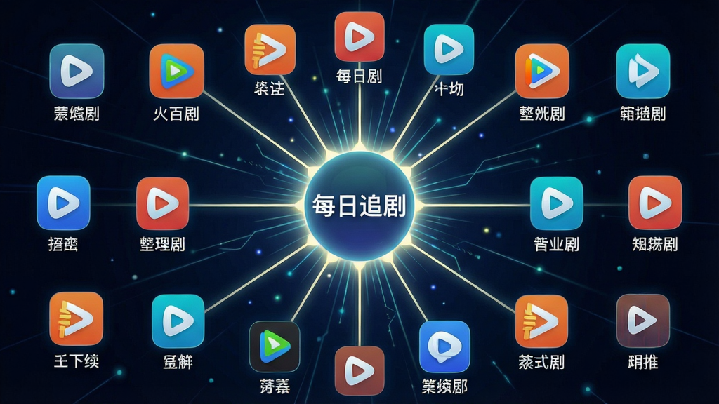 主体:一幅展示“每日追剧”应用聚合功能的宣传图,画面中央是一个放射状的光点,周围环绕着多个视频平台图标。布局:中心构图,光点位于画面正中,向四周延伸出连接线,链接到各个平台图标。排版:图标大小均匀,文字标签清晰,整体呈发散状。风格:科技感插画风格,运用线条与光效。细节:每个图标下方标注平台名称,光点中心有“每日追剧”字样。画质:高分辨率,干净简洁,无多余元素。