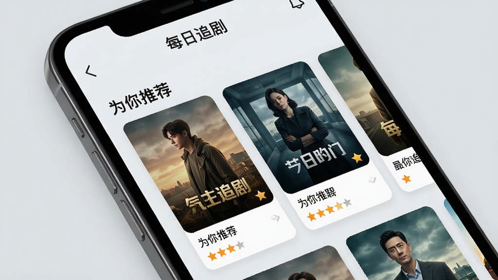 主体:智能手机上“每日追剧”应用的推荐页面,屏幕展示着“为你推荐”模块,下方是横向滑动的海报卡片。布局:手机屏幕特写,推荐模块位于屏幕上方,海报卡片排列整齐。排版:卡片大小一致,间距均匀,突出封面图与评分。风格:清新简约风格,背景为浅灰色,界面元素柔和。细节:海报下方显示剧名和评分,顶部有“每日追剧”导航栏。画质:细腻清晰,色彩自然,无多余元素。