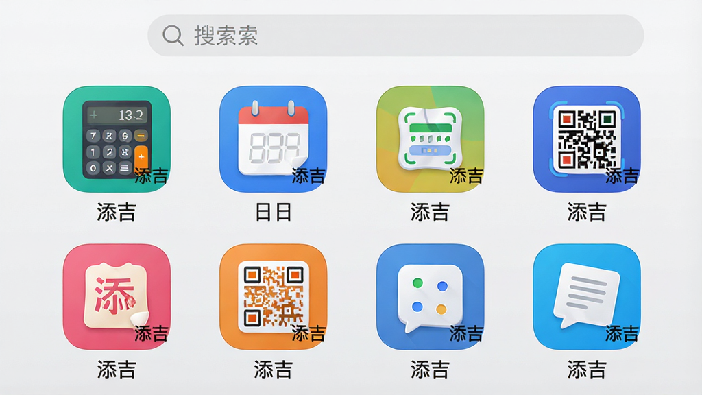 主体:添吉应用内智能工具界面,展示多个工具图标如计算器、日历、二维码等。布局:左右对称,图标均匀排列,每个图标下配有中文名称。排版:图标采用圆角矩形设计,色彩鲜艳,文字清晰。风格:清新简约,背景为浅灰色,图标色彩丰富。细节:每个图标下方有“添吉”水印标识,顶部有搜索栏。画质:高清,干净无多余元素。