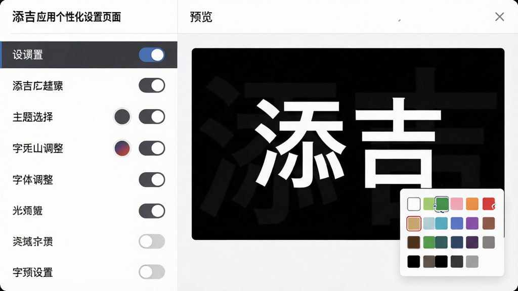 主体:添吉应用个性化设置页面,展示主题选择、字体调整等选项。布局:左侧为设置菜单,右侧为预览区域,展示不同主题效果。排版:设置选项以列表形式呈现,每个选项旁有开关或色板。风格:简洁商务风,背景为白色,选项文字深灰色。细节:预览区域显示“添吉”字样,字体大小可调节,颜色选择器清晰。画质:高清,干净无多余元素。