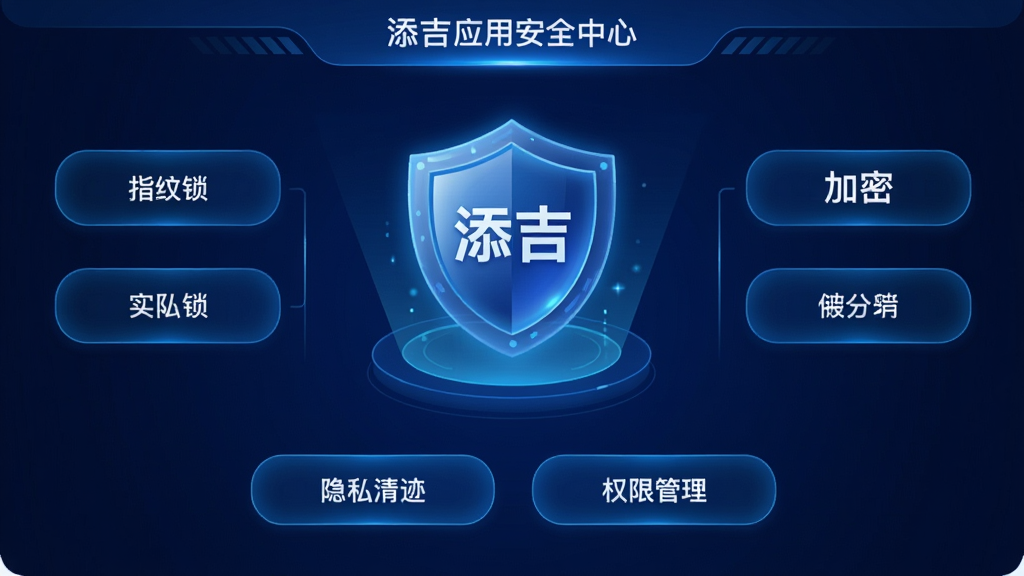 主体:添吉应用安全中心界面,展示隐私保护功能如指纹锁、加密图标。布局:居中展示一个盾牌图标,周围环绕功能按钮。排版:盾牌图标位于中央,下方排列“隐私清迹”、“权限管理”等按钮。风格:科技感强,深蓝色背景,图标发光效果。细节:盾牌上印有“添吉”字样,按钮文字清晰,界面无多余元素。画质:高清渲染,干净无多余元素。