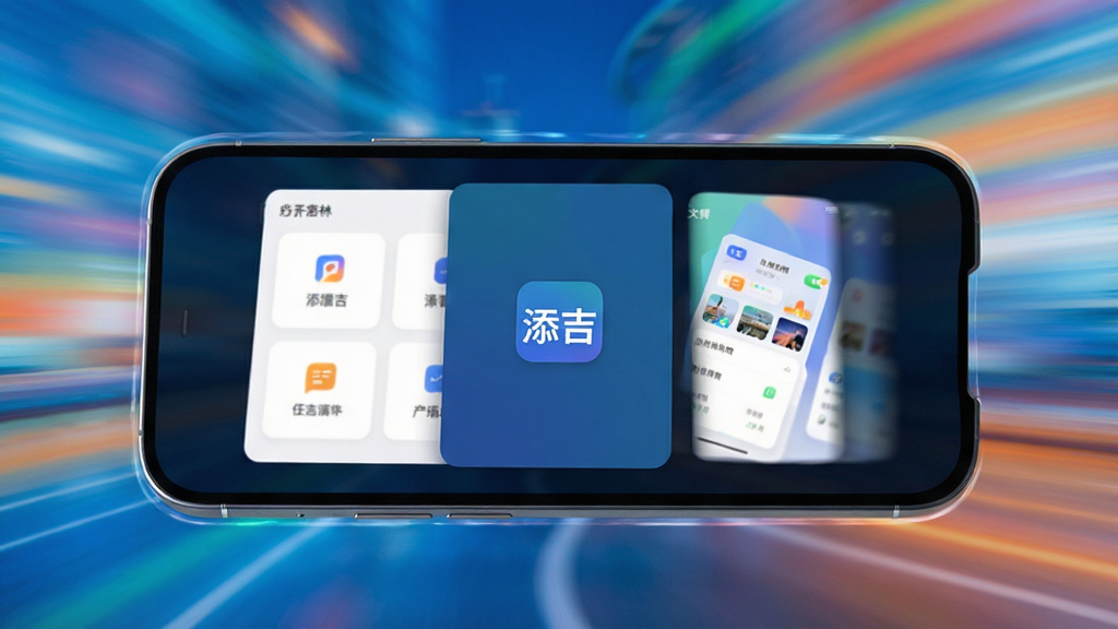 主体:添吉应用运行流畅的演示场景,展示多任务切换和快速响应。布局:动态效果,显示应用在手机中快速启动和切换。排版:手机屏幕内展示多个功能卡片,滑动切换流畅。风格:动态模糊背景,突出速度感,色彩明亮。细节:屏幕中出现“添吉”启动画面,无多余元素。画质:高清,干净无多余元素。