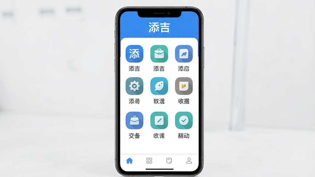 主体:添吉应用的主界面展示,手机屏幕中显示清晰的图标和功能列表。布局:居中构图,手机竖屏展示,界面整洁有序。排版:功能图标以网格形式排列,色彩鲜明,文字标签清晰。风格:现代扁平化设计,色彩以蓝色和白色为主,简洁明快。细节:屏幕顶部显示“添吉”品牌标志,底部有导航栏,界面无多余元素。画质:高清渲染,干净无多余元素。