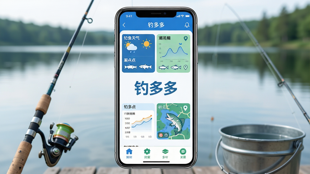 主体:手机屏幕展示钓多多APP界面,界面显示钓鱼天气、潮汐曲线、钓点地图等核心功能模块,中央有“钓多多”品牌标识。布局:手机居中,屏幕内容清晰可见,背景为简洁的户外湖泊垂钓场景,前景有鱼竿和水桶。排版:手机为视觉焦点,屏幕内信息分层展示,底部有功能图标栏。风格:现代扁平化设计,色彩清新自然,蓝色与绿色主调。细节:屏幕内文字清晰标注“钓多多”,天气图标、鱼种图标、定位图标等元素精细。画质:4K超清,干净无多余元素。