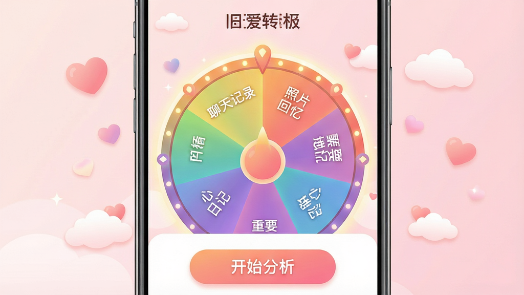 主体:旧爱转盘app界面展示,屏幕中央有一个彩色渐变的大转盘,转盘上分布着“聊天记录”、“照片回忆”、“重要地点”、“心情日记”等扇形区域,手机下方有“开始分析”按钮。布局:手机居中,背景为淡粉色渐变,周围漂浮着柔和的心形和云朵图标。排版:手机屏幕内容清晰可见,转盘占屏幕一半以上,按钮突出。风格:扁平化插画风格,色彩柔和温暖,营造治愈感。细节:转盘边缘有微光特效,屏幕内文字清晰,背景干净。画质:高清渲染,干净无多余元素。