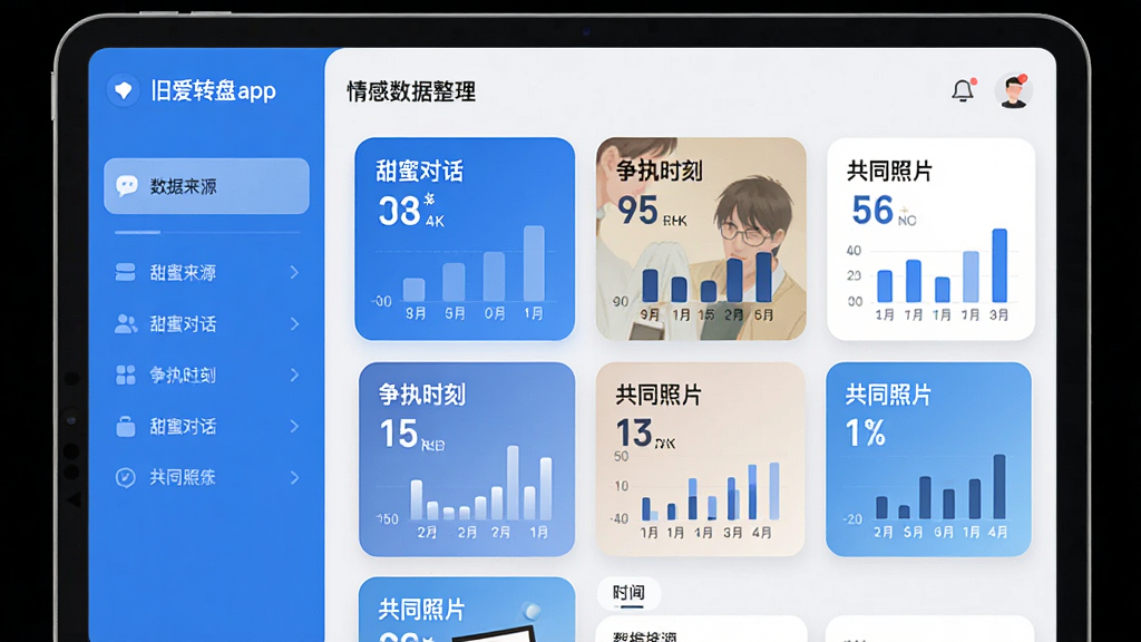 主体:旧爱转盘app的“情感数据整理”功能界面,屏幕上显示多个分类卡片,包括“甜蜜对话”、“争执时刻”、“共同照片”,每张卡片上有数字统计。布局:平板电脑横屏展示,左侧为数据来源列表,右侧为分类详情。排版:卡片式布局,色彩分区明确,蓝色为主色调。风格:现代简约科技风,界面干净。细节:卡片边缘有圆角,数据以柱状图形式展示。画质:4K高清,无多余元素。