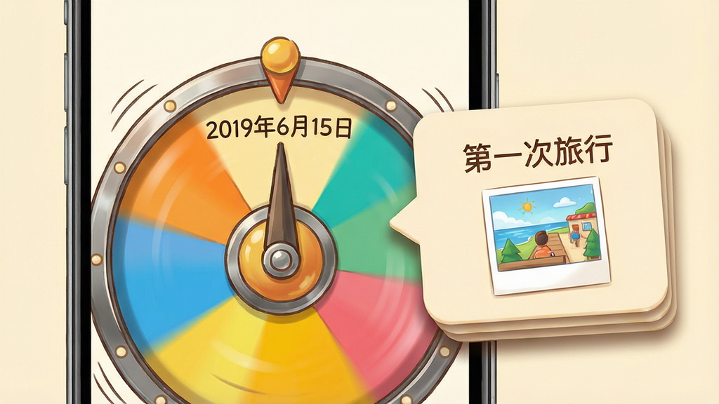 主体:旧爱转盘app的转盘转动动画,转盘上指针指向“2019年6月15日”,旁边弹出气泡卡片,上面显示“第一次旅行”和照片缩略图。布局:竖屏手机界面,转盘位于中间,卡片从右侧滑出。排版:转盘色彩鲜艳,卡片背景为米黄色,文字清晰。风格:手绘插画与3D结合,温馨怀旧。细节:转盘有金属光泽,卡片有阴影层次。画质:高分辨率,画面纯净。
