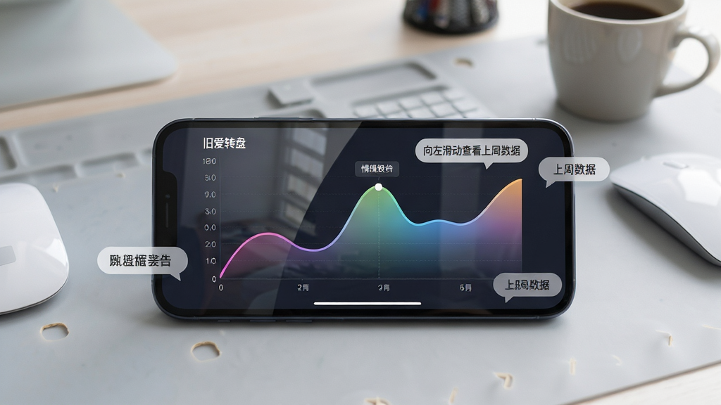 主体:旧爱转盘app运行在手机上的实际效果,手机横屏显示情绪曲线图,周围有操作提示气泡。布局:手机位于画面中央,背景为浅灰色工作台,旁边有鼠标和咖啡杯。排版:曲线图清晰,气泡提示文字为“向左滑动查看上周数据”。风格:写实摄影风格,光线柔和。细节:屏幕反光自然,曲线颜色渐变。画质:高清,干净无杂物。
