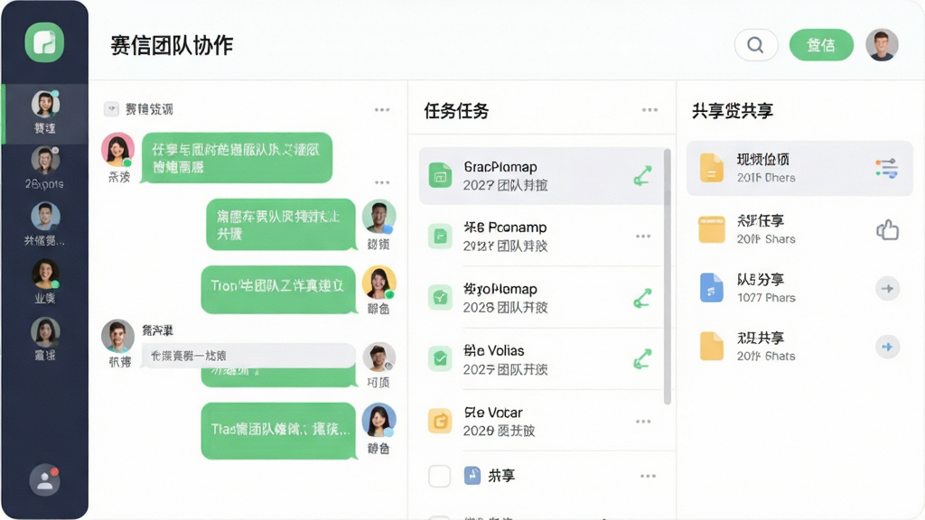 赛信团队协作界面截图,展示群聊、任务列表与文件共享面板,界面分栏布局,配色清新,图标圆润,文字清晰,风格简洁明了,画质干净