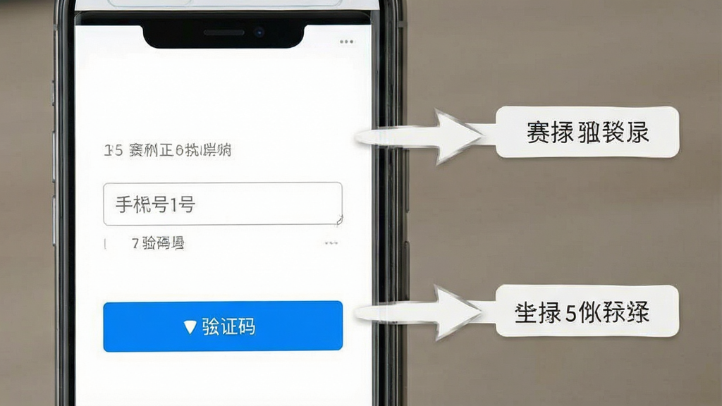 赛信手机端登录界面教程图,展示手机屏幕上的登录页面,包含手机号输入框与验证码按钮,旁边有步骤标注箭头,风格清晰直观,画质干净,无多余元素
