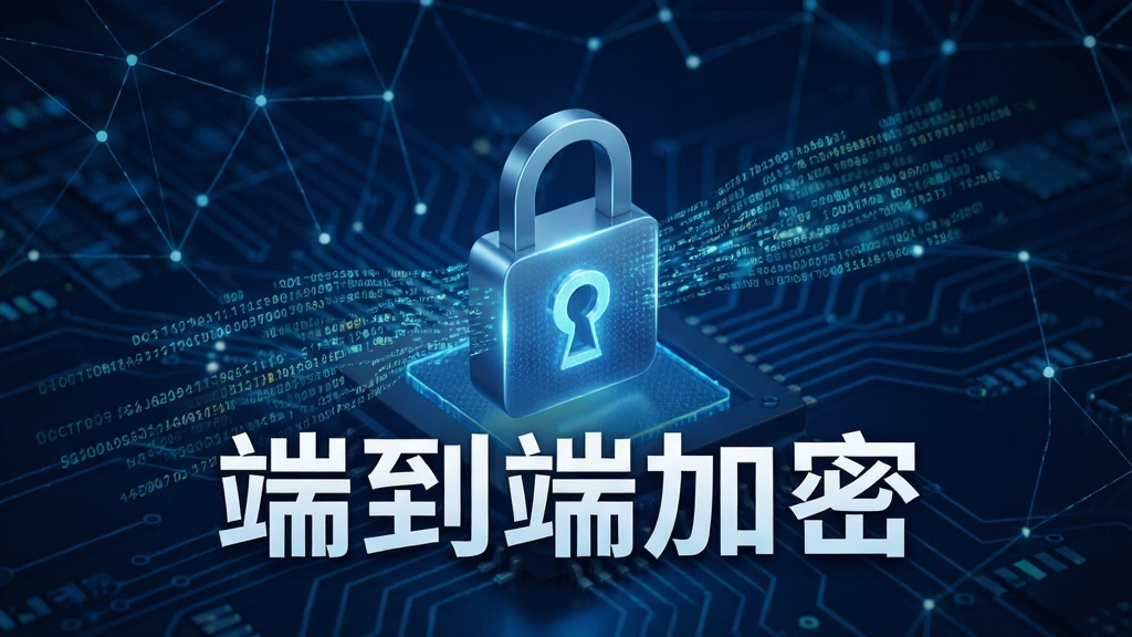 赛信安全加密功能展示图,画面中央显示锁形图标与加密数据流,背景为深蓝色科技感网络,文字标注“端到端加密”,风格专业严谨,细节丰富,画质清晰,无多余元素