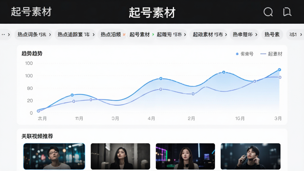 起号素材app热点追踪功能页面,顶部为滚动热点词条,中间为趋势曲线图,下方为关联视频推荐列表,整体采用浅色背景,数据可视化图表清晰,界面整洁,画质干净,突出“起号素材”品牌名称