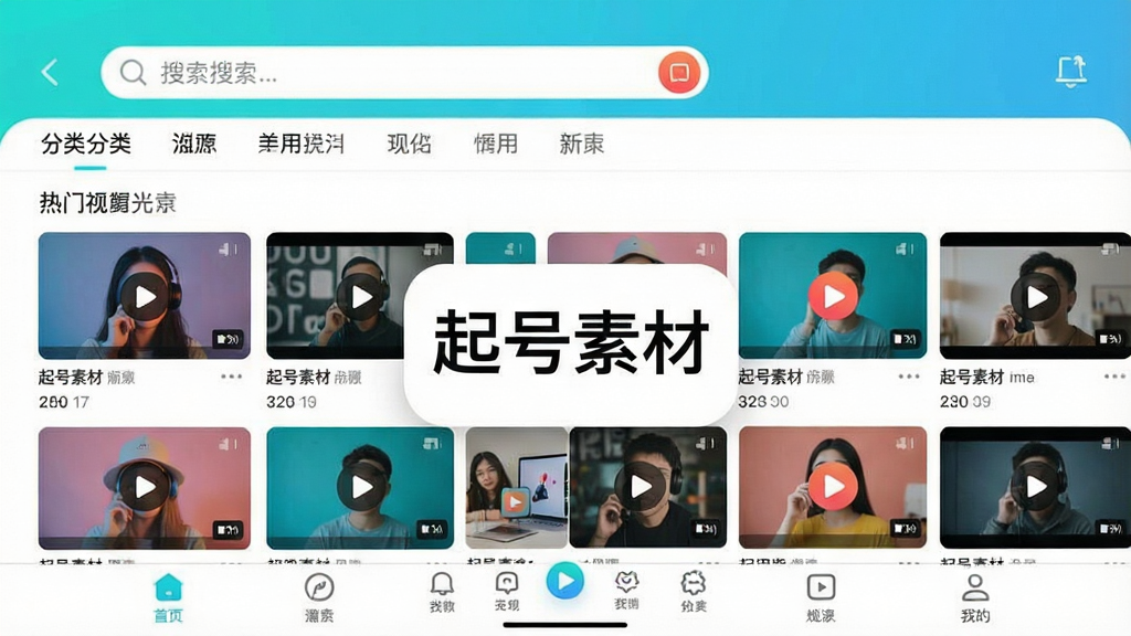 一张展示起号素材app主界面的高清截图,界面布局清晰,上方为搜索栏和分类标签,中间展示热门视频素材缩略图墙,下方为底部导航栏,整体风格现代简约,色彩明亮,画质干净,无多余元素,图片中央显示“起号素材”品牌标识