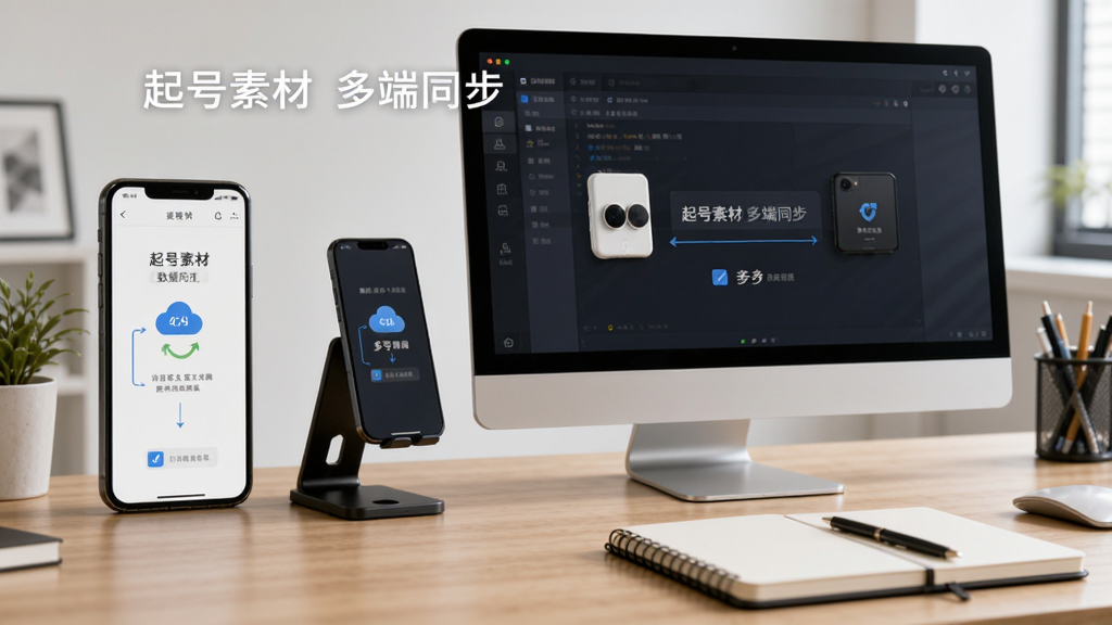 起号素材使用教程示意图,展示手机与电脑同时登录账号,数据同步,背景为工作台场景,有显示器、手机支架、笔记本等元素,风格写实,画质干净,无多余元素,配文“起号素材 多端同步”