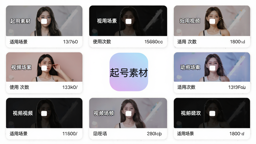 起号素材app模板中心界面,展示多种视频模板缩略图,每个模板标注适用场景与使用次数,界面采用网格布局,卡片式设计,色彩柔和,画质清晰,无多余元素,中央显示“起号素材”logo